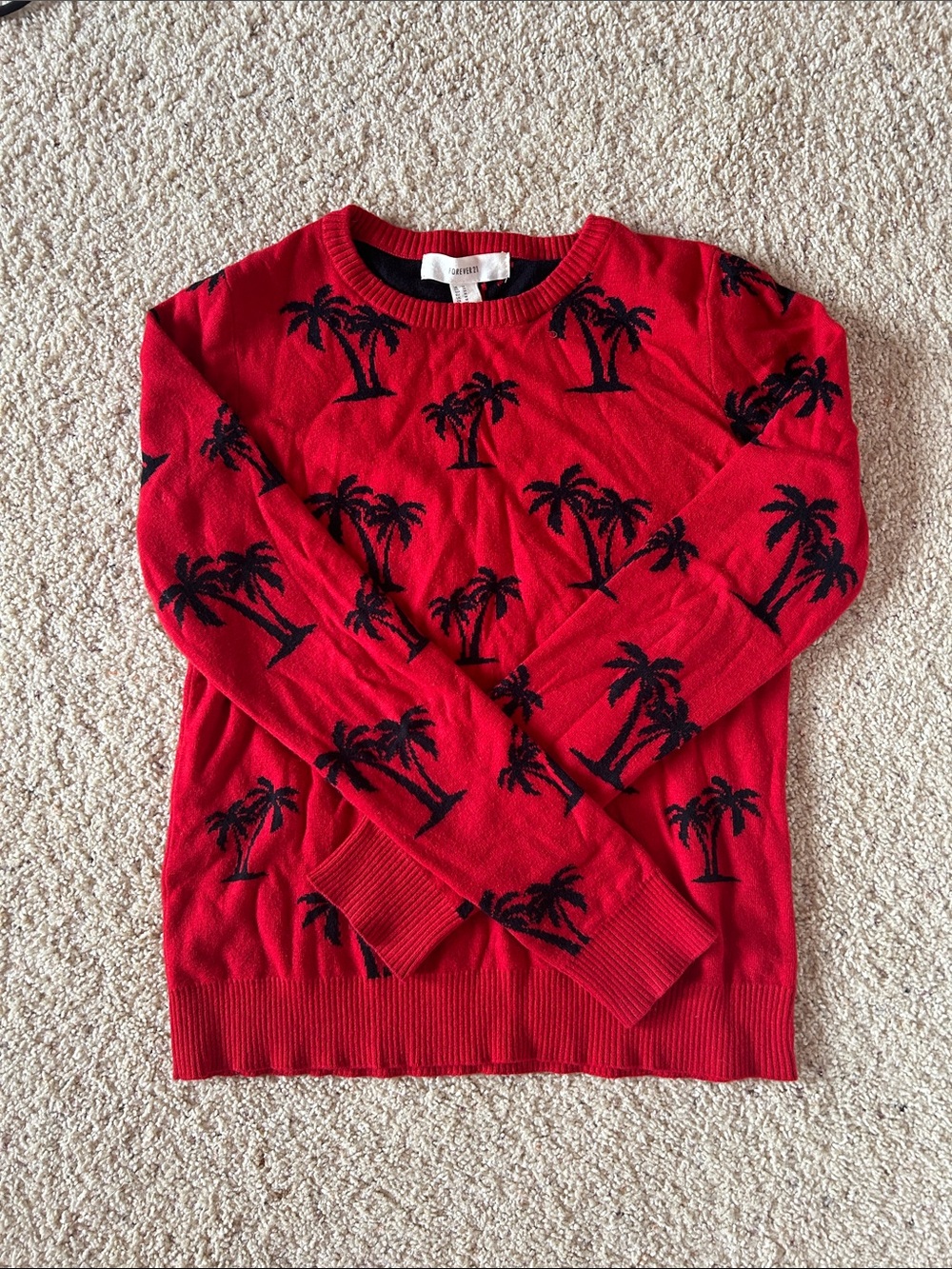 Forever 21 Red Crewneck Sweater with Black Palm Tree Print